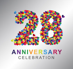 28th anniversary design logotype paper hearts multi-color for celebration