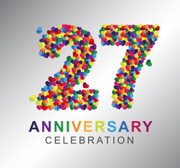 27th anniversary design logotype paper hearts multi-color for celebration