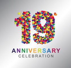 19 years anniversary celebration. Anniversary logo with mini hearts and multi color  isolated on gray background, vector design for celebration, invitation card, and greeting card