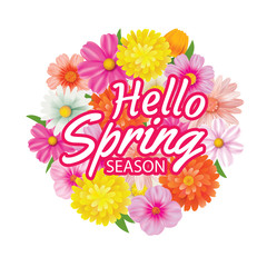 Hello spring circle frame greeting card and flowers decoration.