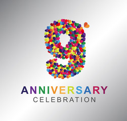 9 years anniversary celebration. Anniversary logo with mini hearts and multi color  isolated on gray background, vector design for celebration, invitation card, and greeting card