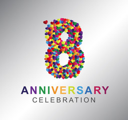 8 years anniversary celebration. Anniversary logo with mini hearts and multi color  isolated on gray background, vector design for celebration, invitation card, and greeting card