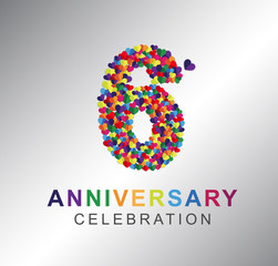 6th anniversary design logotype paper hearts multi-color for celebration