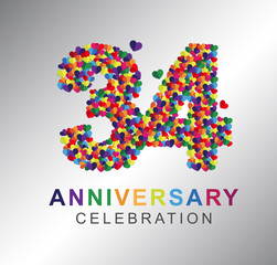 34th anniversary design logotype paper hearts multi-color for celebration