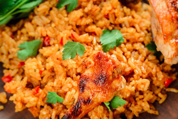 fried rice with vegetables and baked chicken