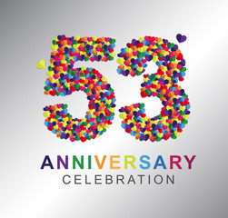 53rd anniversary design logotype paper hearts multi-color for celebration