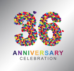 36th anniversary design logotype paper hearts multi-color for celebration.