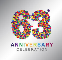 63rd anniversary design logotype paper hearts multi-color for celebration.