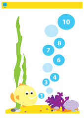 math game with smiling yellow fish and bubbles / complete the missing numbers