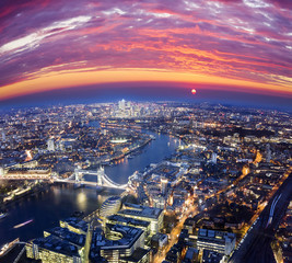 Fototapeta na wymiar London city sunset, mystic aerial view