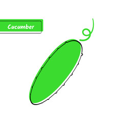 Flat design vegetable education card. Vector illustration with big solid green isolated cucumber or cuke, black outline and label on white background for organic market logo, fresh product or kid game