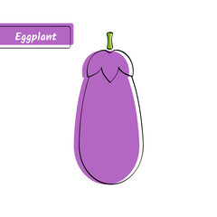 Flat design vegetable education card. Vector illustration with big solid violet isolated eggplant or aubergine, black outline and stylish label for kid game, memory training or eco market logo.