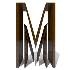 Conceptual wood or wooden brown font or type, timber or lumber industry piece isolated on white background. Educative hadwood material, smooth surface mahogany handmade sculpted 3D illustration object
