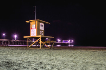 Night view of a lifeguard tower at Newport Beach, California
