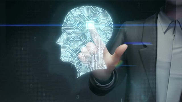 Businessman touching brain connected Human shape chip circuit board, grow artificial intelligence. 4K size movie