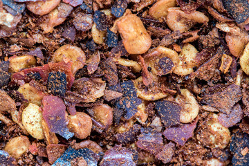 Seeds of dried peppers close up. Hot spicy chilli, macro view. Pile of dry paprika.
