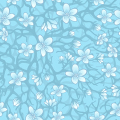 Vector seamless background with sakura blossoms, brunches and foliage. Eps outlined illustration in shades of blue.