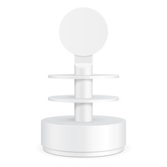 Round Cardboard Floor Display Rack For Supermarket Blank Empty With Shelves. Illustration Isolated On White Background. Ready For Your Design. Product Advertising. Vector EPS10