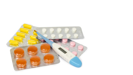 a set of tablets and pills for a speedy recovery and prevention of diseases. Isolated on white background. copy space, template.
