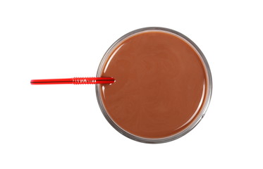 Chocolate milk in glass with red drinking straw isolated on white background