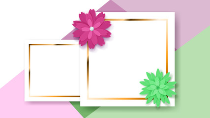 Background of two white rectangle frames with golden strips and colored paper flowers