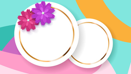 Background of two white circle frames with golden strips and colored paper flowers