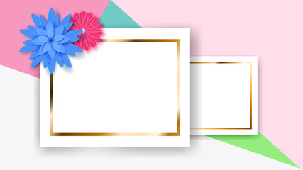 Background of two white rectangle frames with golden strips and colored paper flowers