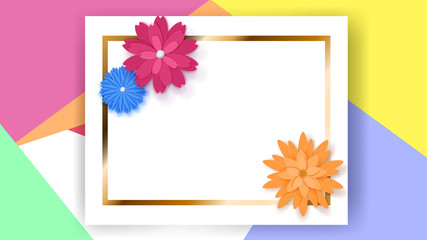Background of white rectangle frame with golden strip and colored paper flowers