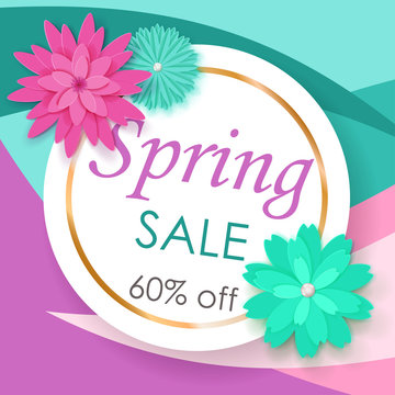 Spring sale background of white circle with golden strip and colored paper flowers