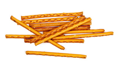 Salty cracker pretzel sticks isolated on white background, top view