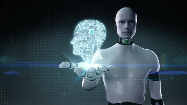 Robot, cyborg open palm, brain connected Brain shape circuit board, 4K size movie.grow artificial intelligence. 