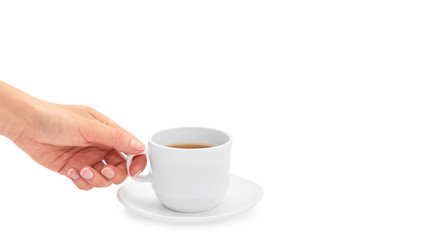 Female hand holds a cup of tea. Isolated on white background. copy space, template