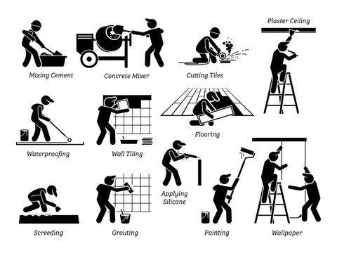 Home Improvement And House Renovation Icons. Pictogram Depicts Workers And Specialists Renovating, Upgrading, And Repairing Building. 