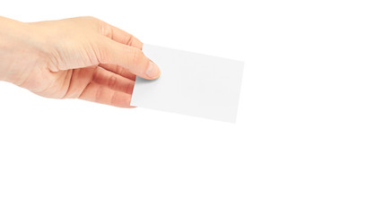 Female hands hold a business card. Isolated on white background. copy space, template