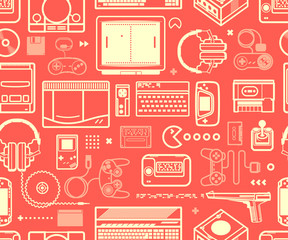 Vector seamless pattern with oldschool gaming objects. Color schematic lines.
