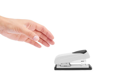 stapler in hand isolated on white background. copy space, template