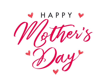 Calligraphy Happy Mother`s Day hearts banner. Mothers Day greeting card template with typography text happy mother`s day and red hearts on background. Vector illustration