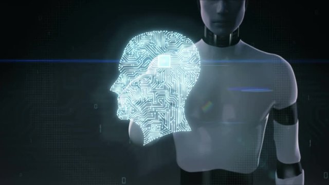 Robot, cyborg touching brain connected Brain shape circuit board, 4K size movie.grow artificial intelligence. 2.