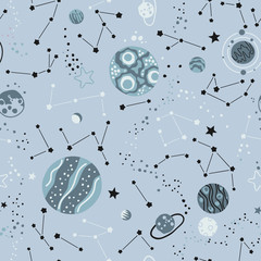 Baby seamless pattern - space and planets with stars. Trendy kids vector background.