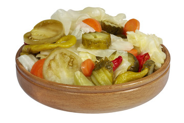 mixed pickles in wood bowl
