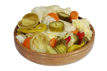 mixed pickles in wood bowl
