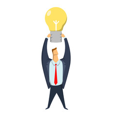 Businessman holding a lighted lamp over his head. Symbol of ideas, insights. Business concept, vector illustration, isolated on white background.