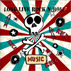 Grunge texture background , text long live rock n roll. Skull and bones. World rock n roll day vector illustration.