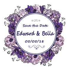 Vintage wedding invitation. Hand drawn vector meadow flowers and roses. Trendy ultraviolet colors.