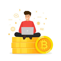 Cryptocurrency concept. Young man sitting on golden stacks coin with laptop. Blockchain network technology. Vector illustration isolated on white background.