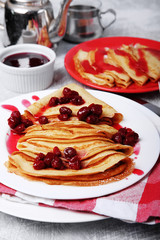 Russian pancakes with cornelian cherry jam