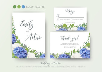 Wedding floral invite, invitation, save the date, thank you, rsvp, card design with elegant, blue hydrangea flowers, white garden roses, green eucalyptus, lilac, greenery leaves & beries. Delicate set