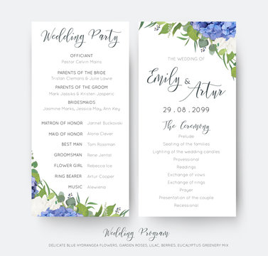Wedding floral wedding party & ceremony program card design with elegant blue hydrangea flowers, white garden roses, green eucalyptus, lilac branches, greenery leaves & cute berries. Delicate template
