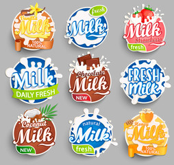 Set of Logos, labels of fresh milk and milk with different delicious additives. Milky splashing with drops. Vector illustration for your design, packaging and advertising.