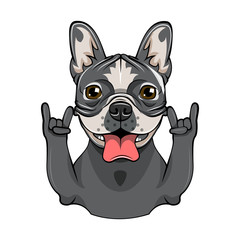 Cartoon Bull Dog giving gesture horns.  illustration isolated on white